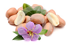 Raw peanuts and leaves on white background. Nutrition, nutrient.