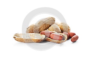 Raw peanuts on white background.