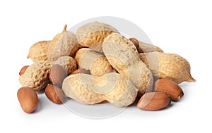 Raw peanuts on white background