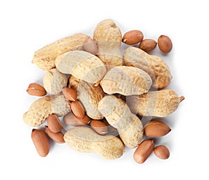 Raw peanuts on white background, top view