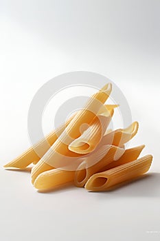 Raw penne pasta isolated on white background. IA generated