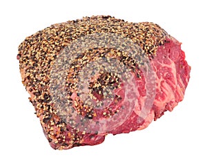 Raw pepper coated beef rump joint