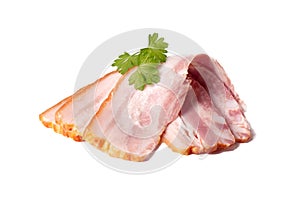 Raw piece of fresh bacon with parsley leaf green isolated on a white background