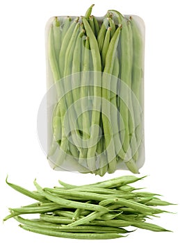 raw pile string bean pack, related to herbs, spice for kitchen cook, isolated on white background