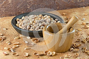 Raw pistachios in a bowl on the background surface, strewn with shells of nuts. Pistachio texture. Nuts.