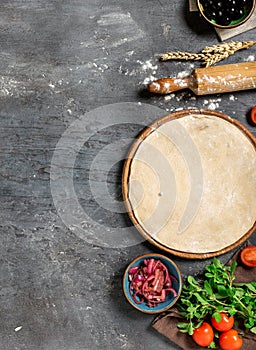 Raw pizza dough with ingredients for preparing vegetarian pizza