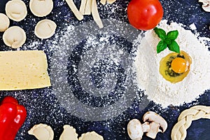 Raw pizza dough with ingredients and spices on dark background. Top view