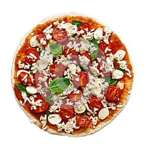 Raw pizza Margherita isolated on a white background. Uncooked pizza. View from above