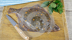 Raw plaice fish on a table