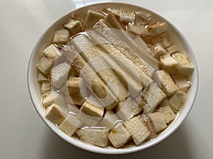 Raw plantain chopped in cubes and few slices soaked in water