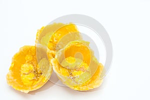 Raw plantain cups on white background