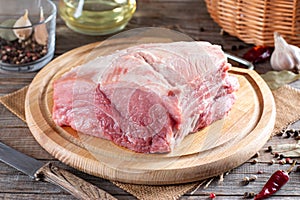 Raw pork on cutting board. Fresh pork for cooking