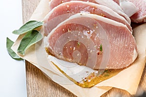 Raw pork escalope with sause made of honey and herbs