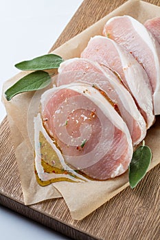 Raw pork escalope with sause made of honey and herbs