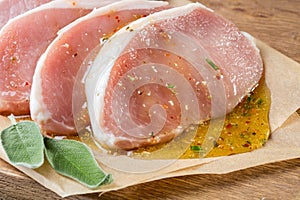 Raw pork escalope with sause made of honey and herbs