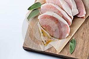 Raw pork escalope with sause made of honey and herbs