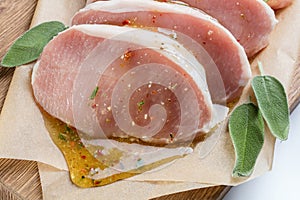 Raw pork escalope with sause made of honey and herbs