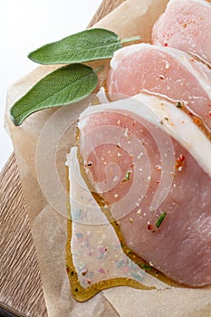 Raw pork escalope with sause made of honey and herbs