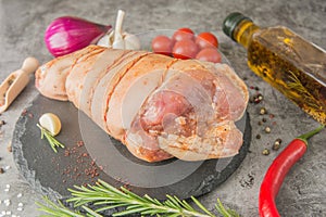 Raw pork knuckle in marinade, close-up