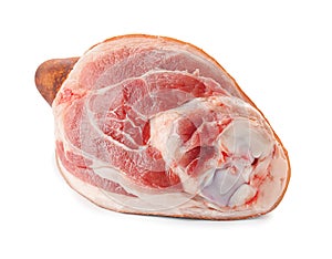 Raw pork leg on white background. Fresh meat products