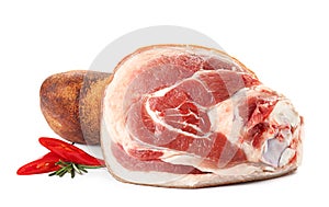Raw pork leg on white background. Fresh meat products