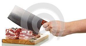 Raw pork meat, cutting board, human hand holding cutter isolated.