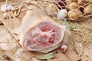 Raw pork meat - hock, knuckle or leg. Fresh meat and ingredients
