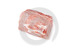 Raw pork meat isolated on white background. Whole piece of meat. Flat lay, top view