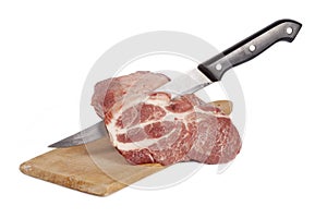 Raw pork meat with a knife from the top