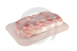 Raw pork meat on plastic cutting board on white background.