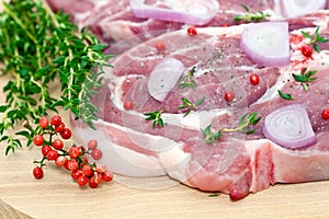Raw pork meat and seasoning photo