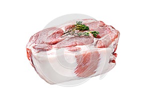 Raw pork neck meat. Chop steak. Isolated on white background. Top view.