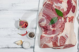 Raw pork neck meat. Traditional ingredients for cooking food. Garlic cloves, fresh parsley