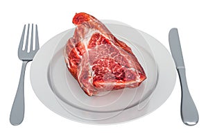 Raw pork on plate with fork and knife, 3D rendering