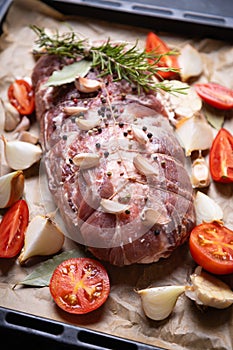 Raw pork prepared for roasting