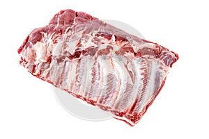 Raw pork ribs. Raw meat, farm and cooking concept. Meat shop. Whole raw pork ribs isolated on white background