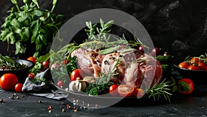 Raw pork roast with herbs and vegetables on a dark background