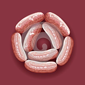 Raw pork sausages stacked in circle for grill and oktoberfest, vector icon