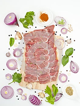 Raw pork shoulder with flavoring spices japanese and asian food