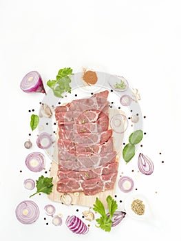 Raw pork shoulder with flavoring spices japanese and asian food