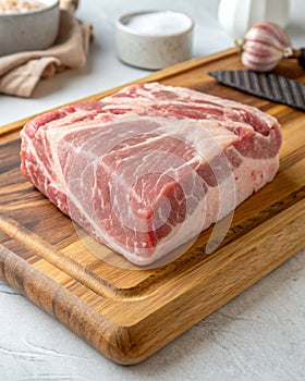 Raw Pork Shoulder Square Cut on Kitchen Cutting Board