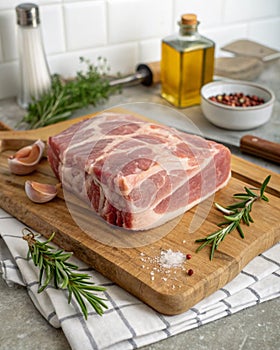 Raw Pork Shoulder Square Cut on Kitchen Cutting Board