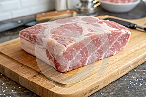 Raw Pork Shoulder Square Cut on Kitchen Cutting Board
