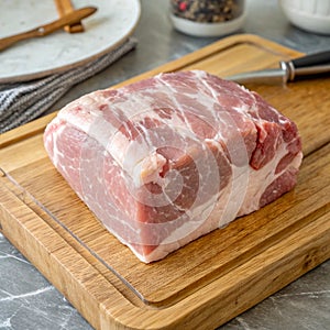 Raw Pork Shoulder Square Cut on Kitchen Cutting Board