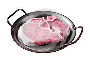 Raw pork t bone chop meat steak. Isolated on white background.
