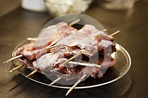 Raw portioned meat on skewers