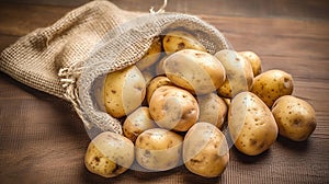 Raw potato food. Fresh potatoes in an old sack on wooden background. Top view. Generative Ai