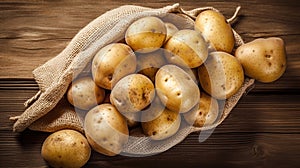 Raw potato food. Fresh potatoes in an old sack on wooden background. Top view. Generative Ai