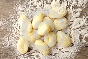 Raw potato gnocchi with flour, close up