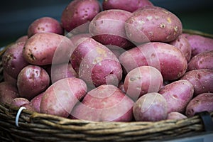 Raw potatoes in baskets on the market